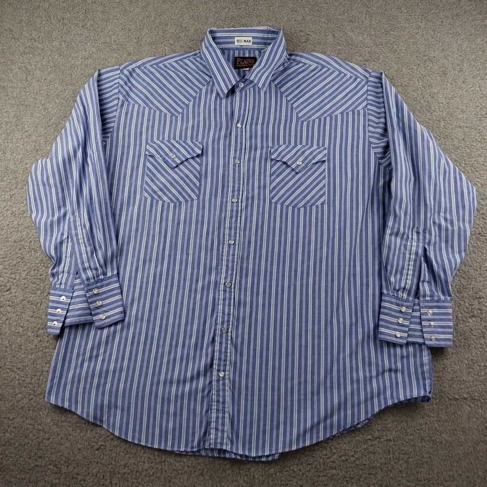 Plains Pearl Snap Shirt Mens 2X Big Man Striped Blue White Long Sleeve Western
